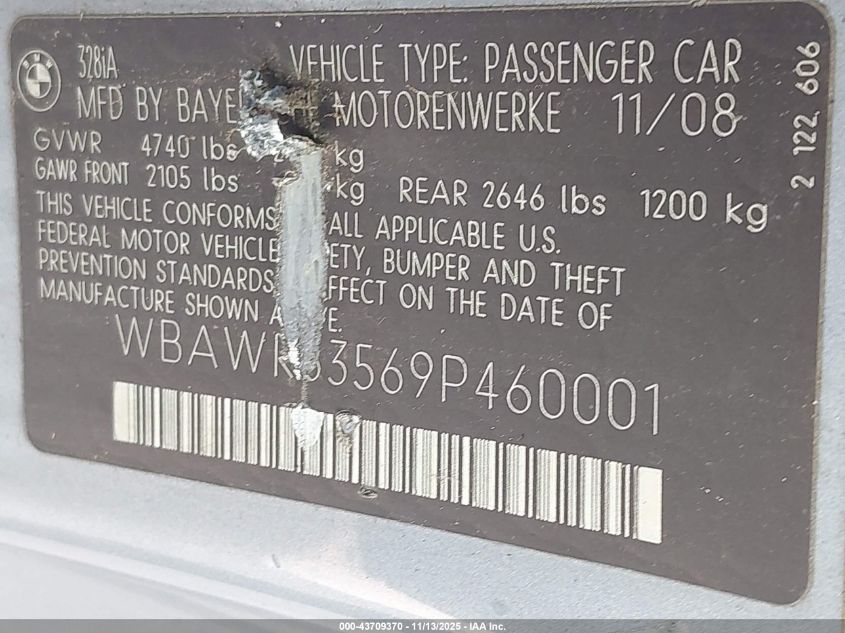 2009 BMW 328I VIN: WBAWR33569P460001 Lot: 43709370