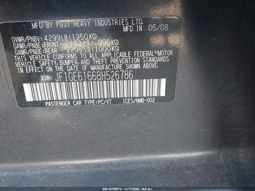 2008 Subaru Impreza 2.5I VIN: JF1GE61668H526786 Lot: 43709373
