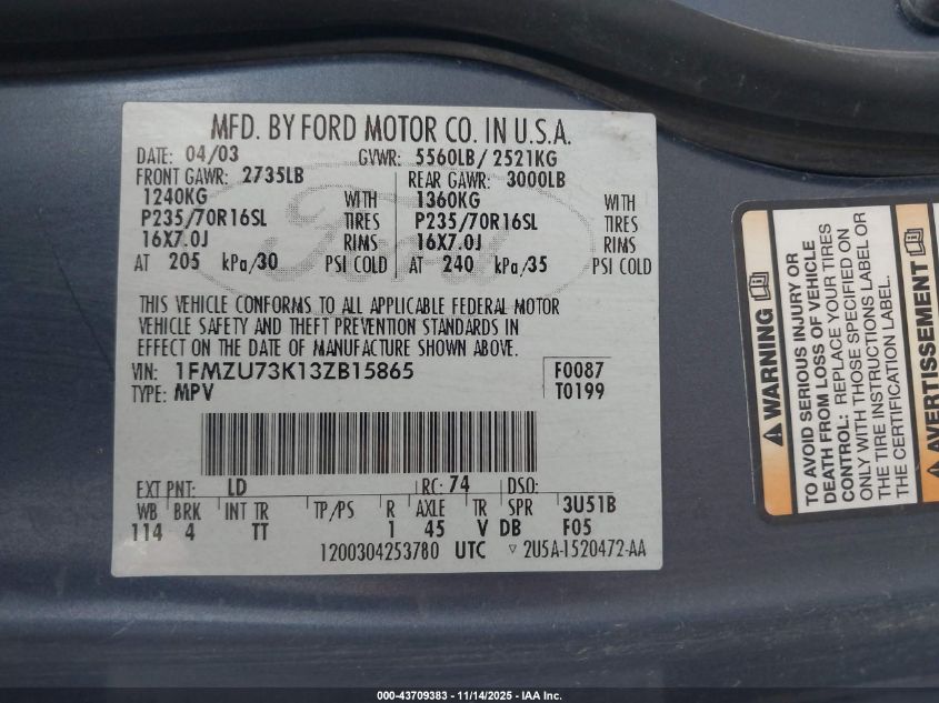 2003 Ford Explorer Xlt/Xlt Sport/Nbx VIN: 1FMZU73K13ZB15865 Lot: 43709383