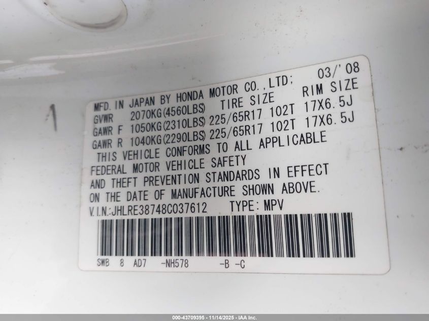 2008 Honda Cr-V Ex-L VIN: JHLRE38748C037612 Lot: 43709395