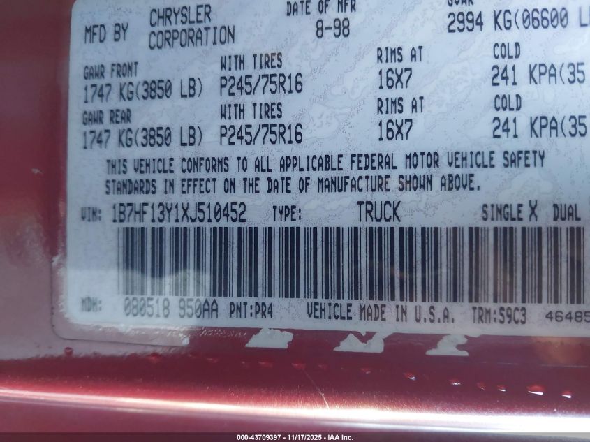 1999 Dodge Ram 1500 St VIN: 1B7HF13Y1XJ510452 Lot: 43709397