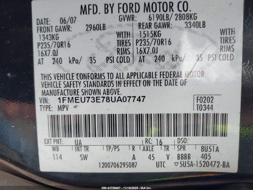 2008 Ford Explorer Xlt VIN: 1FMEU73E78UA07747 Lot: 43709407