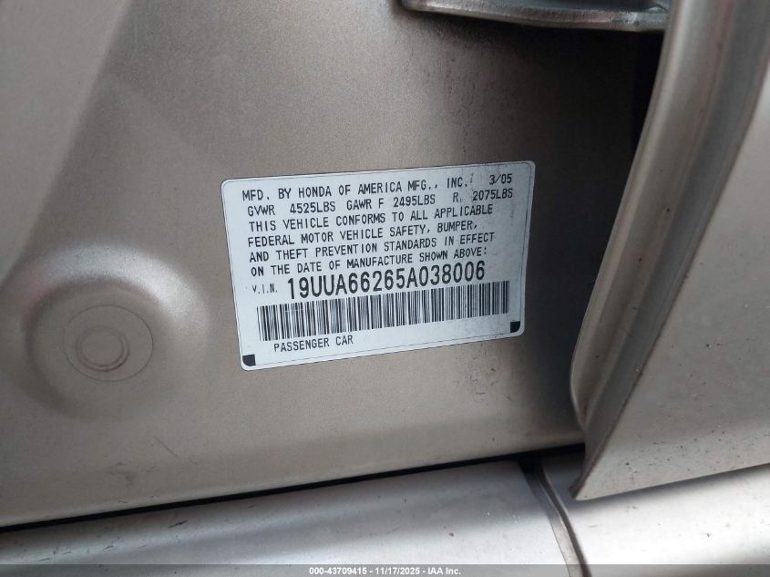 2005 Acura Tl VIN: 19UUA66265A038006 Lot: 43709415
