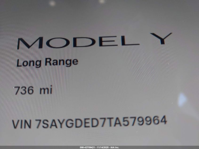 2026 Tesla Model Y Long Range Dual Motor All-Wheel Drive VIN: 7SAYGDED7TA579964 Lot: 43709421