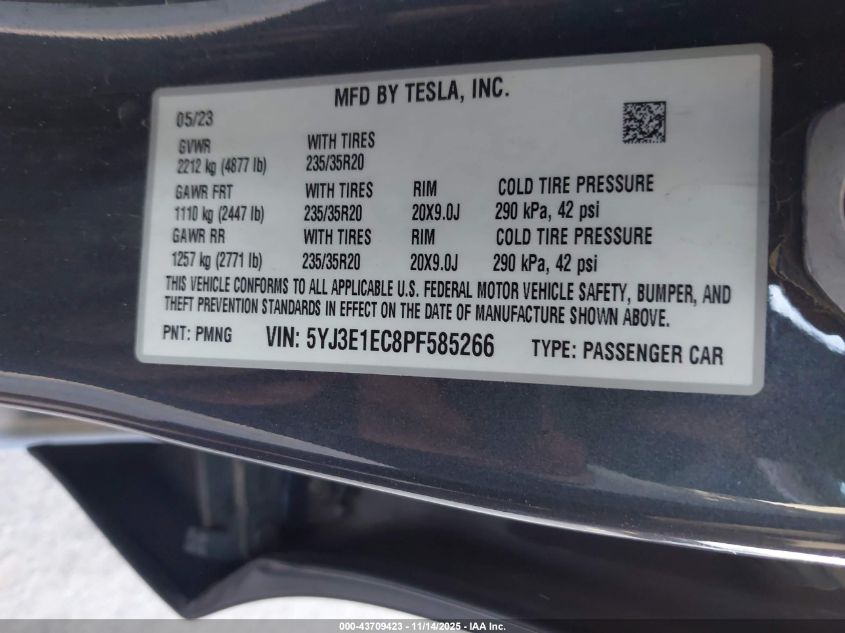 2023 Tesla Model 3 Performance Dual Motor All-Wheel Drive VIN: 5YJ3E1EC8PF585266 Lot: 43709423