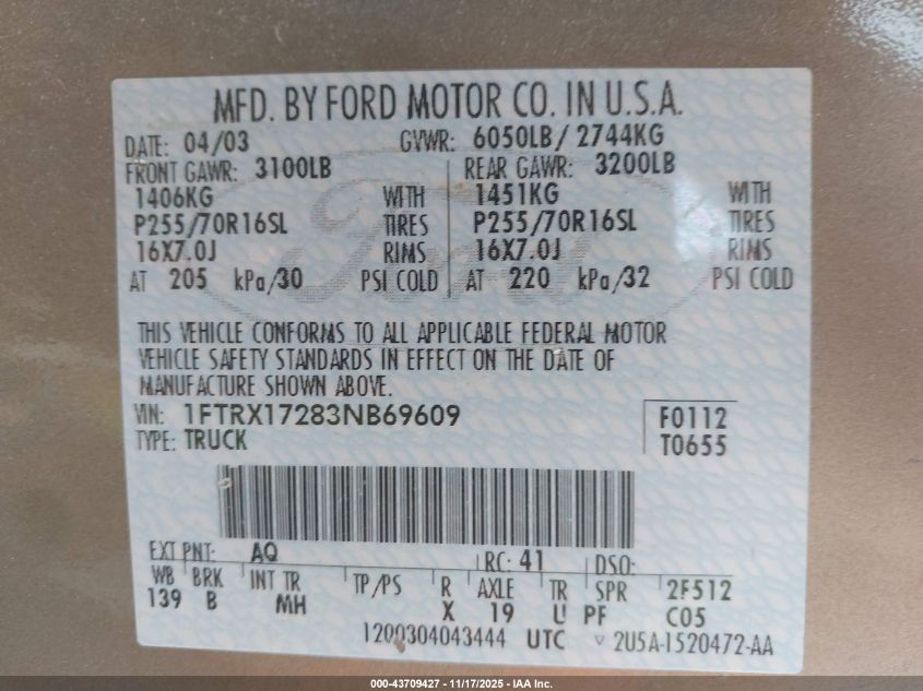 2003 Ford F-150 Xl/Xlt VIN: 1FTRX17283NB69609 Lot: 43709427