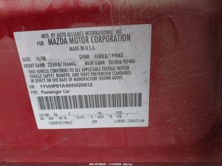 2009 Mazda Mazda6 I Sport VIN: 1YVHP81A595M26832 Lot: 43709429