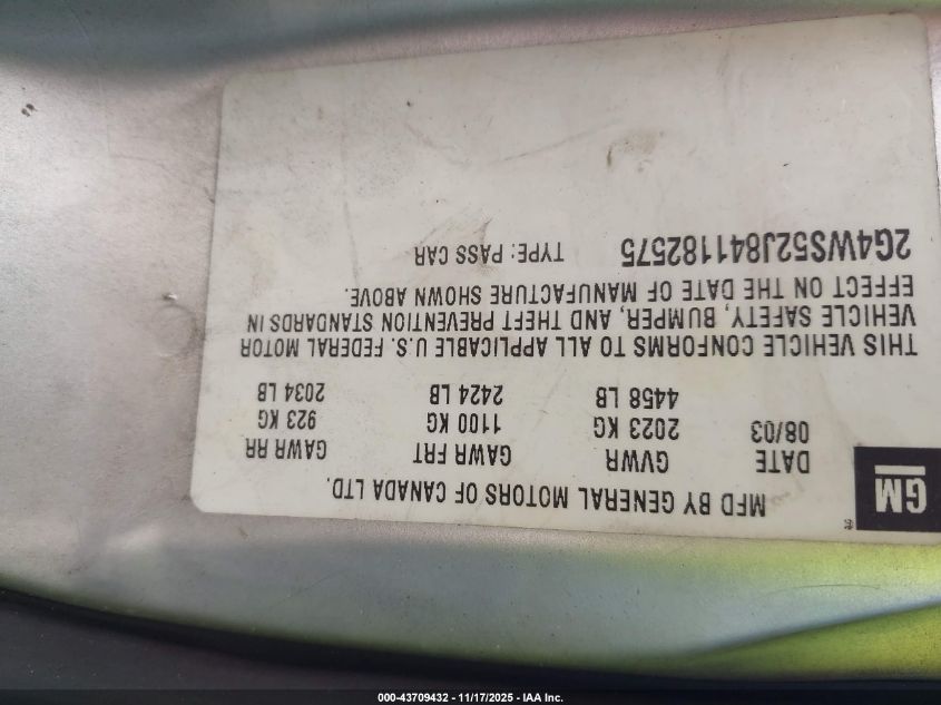 2004 Buick Century VIN: 2G4WS52J841182575 Lot: 43709432