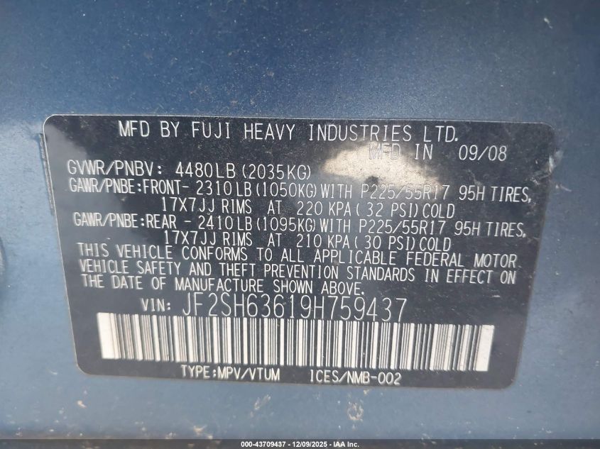 2009 Subaru Forester 2.5X VIN: JF2SH63619H759437 Lot: 43709437