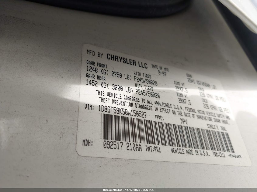 2008 Dodge Nitro Slt/Rt VIN: 1D8GT58K58W150527 Lot: 43709441