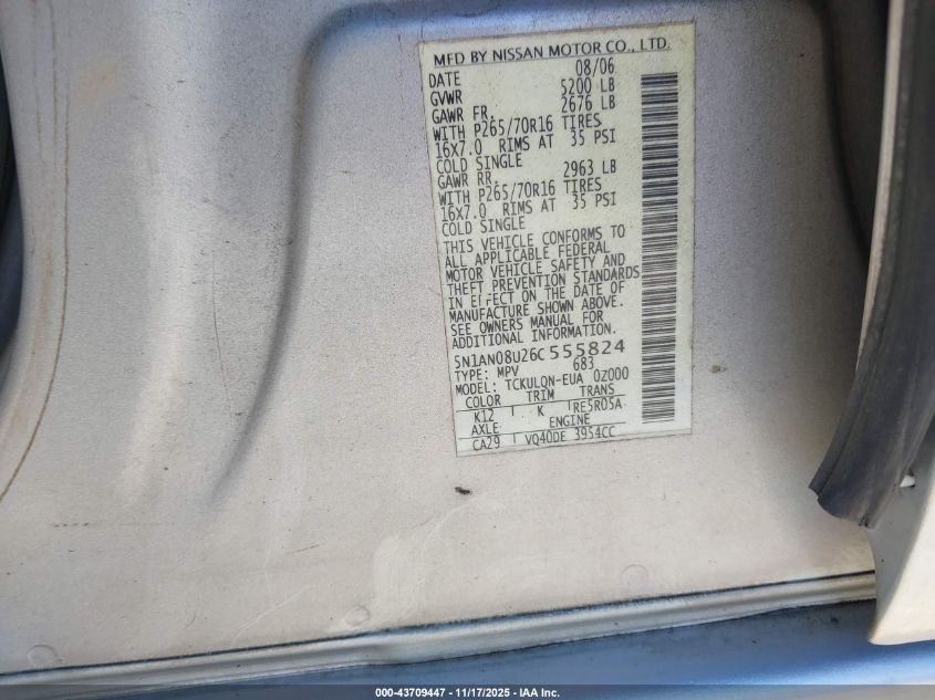 2006 Nissan Xterra X VIN: 5N1AN08U26C555824 Lot: 43709447