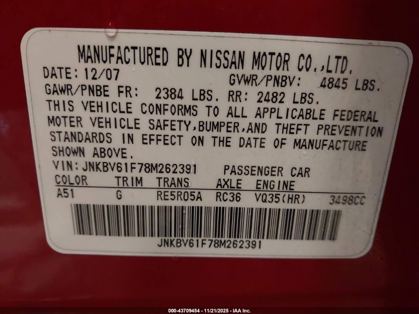 2008 Infiniti G35X VIN: JNKBV61F78M262391 Lot: 43709454