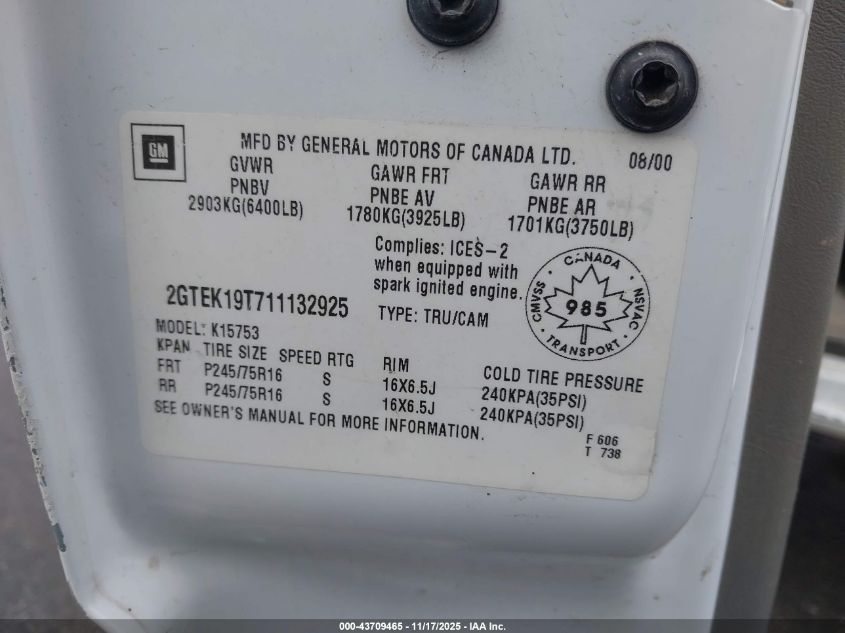 2001 GMC Sierra 1500 Sl/Sle VIN: 2GTEK19T711132925 Lot: 43709465