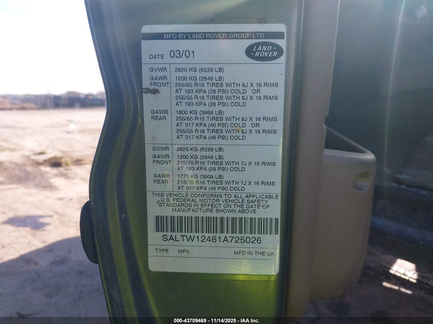 2001 Land Rover Discovery Series Ii VIN: SALTW12461A725036 Lot: 43709469