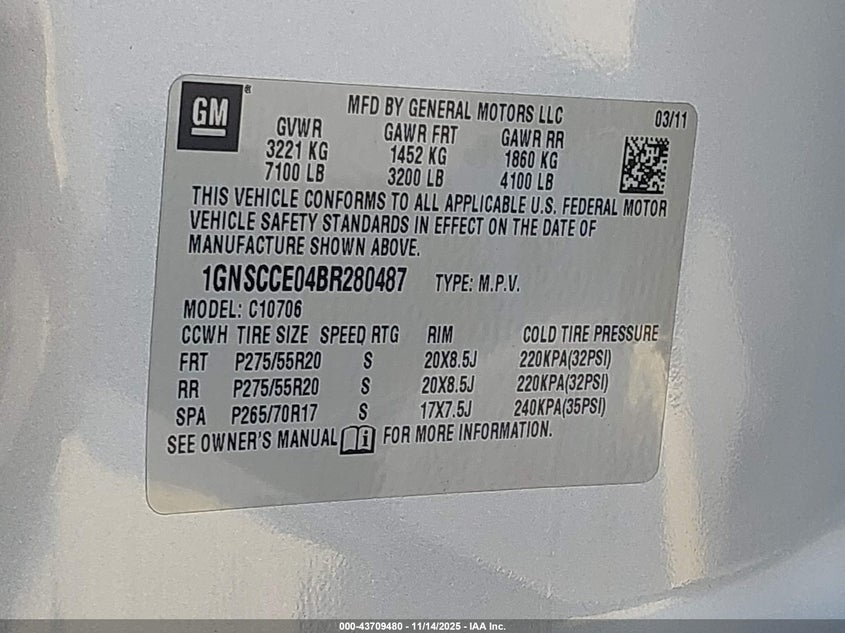1GNSCCE04BR280487 2011 CHEVROLET TAHOE photo no. 9