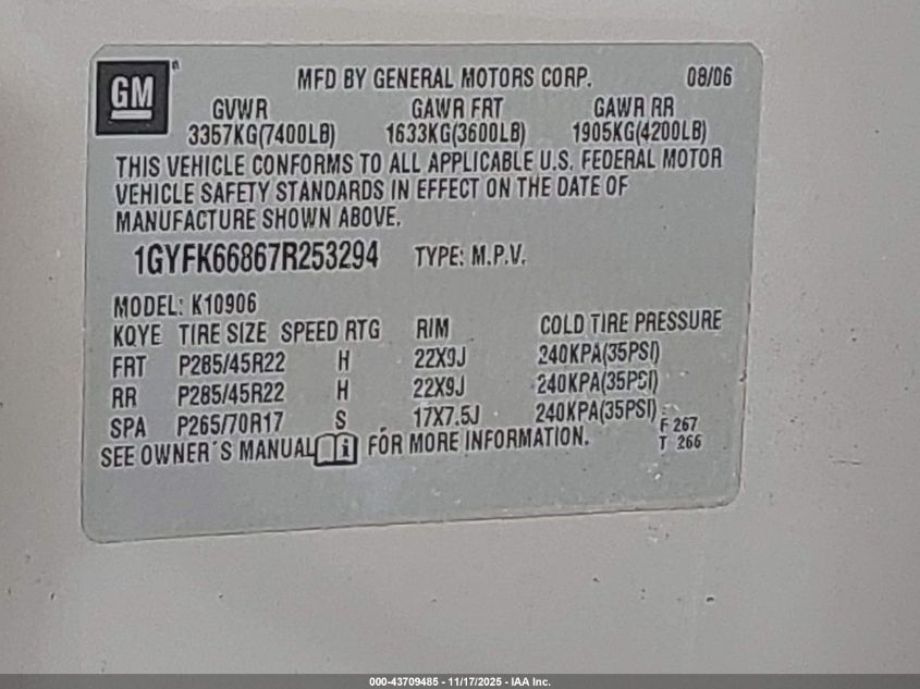 2007 Cadillac Escalade Esv Standard VIN: 1GYFK66867R253294 Lot: 43709485