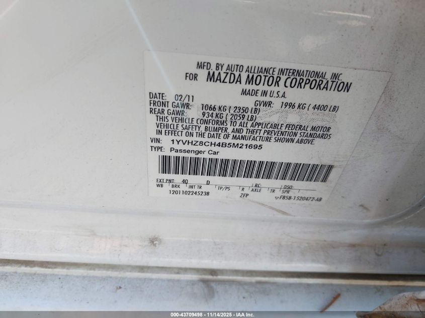 2011 Mazda Mazda6 I Grand Touring VIN: 1YVHZ8CH4B5M21695 Lot: 43709498