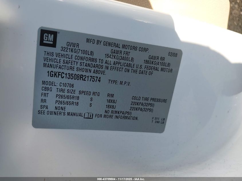 2008 GMC Yukon Hybrid VIN: 1GKFC13508R217574 Lot: 43709504