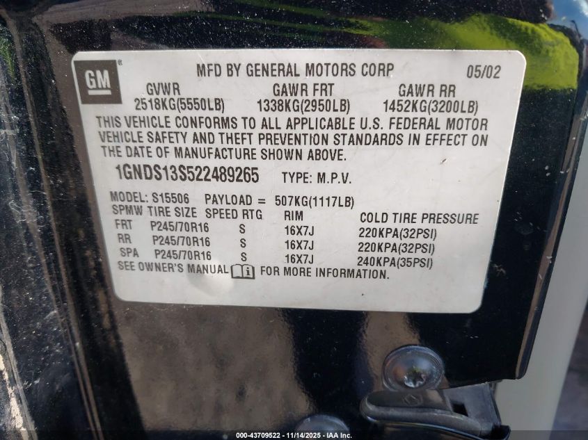 2002 Chevrolet Trailblazer Ls VIN: 1GNDS13S522489265 Lot: 43709522