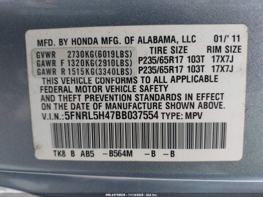 2011 Honda Odyssey Ex VIN: 5FNRL5H47BB037554 Lot: 43709526