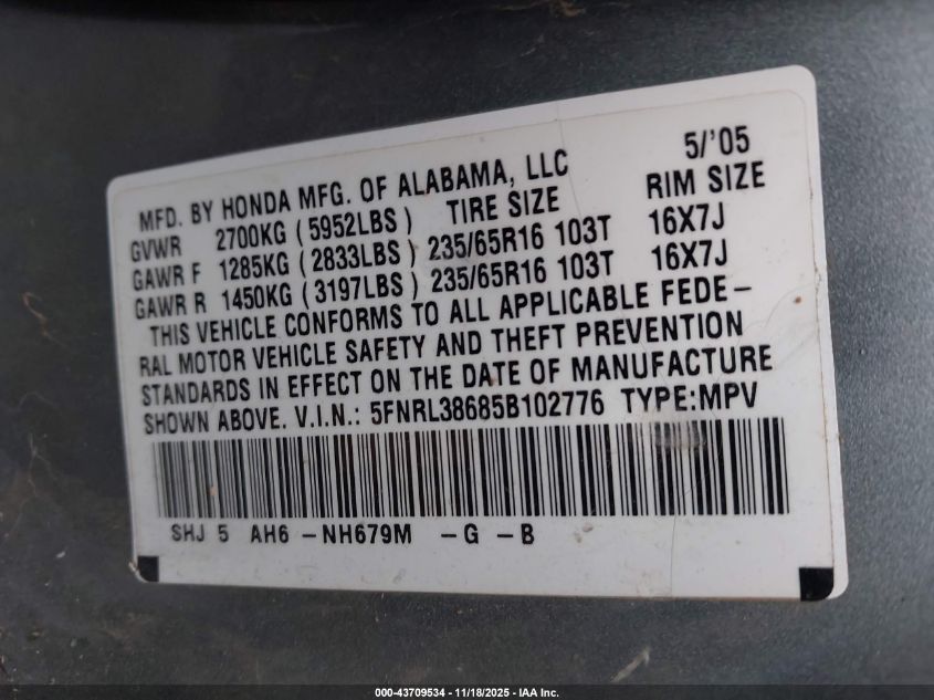 2005 Honda Odyssey Ex-L VIN: 5FNRL38685B102776 Lot: 43709534