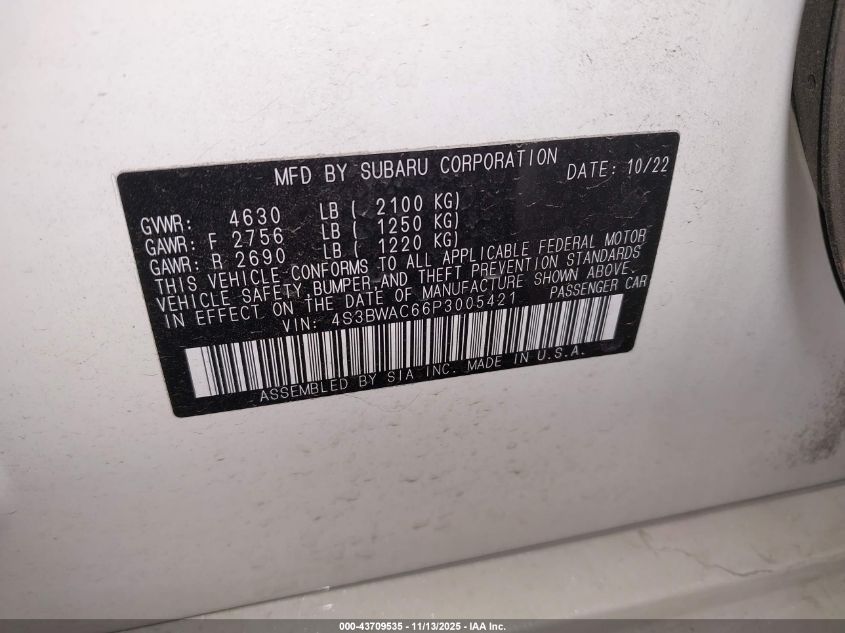 2023 Subaru Legacy Premium VIN: 4S3BWAC66P3005421 Lot: 43709535