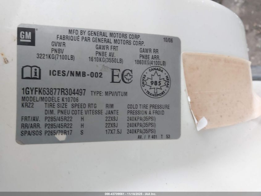 2007 Cadillac Escalade Standard VIN: 1GYFK63877R304497 Lot: 43709561