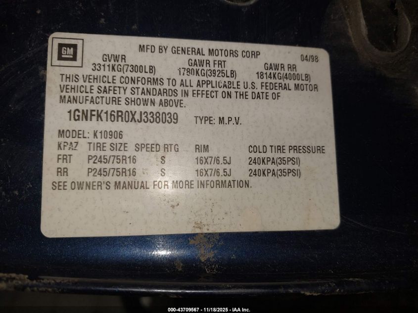 1999 Chevrolet Suburban 1500 Lt VIN: 1GNFK16R0XJ338039 Lot: 43709567