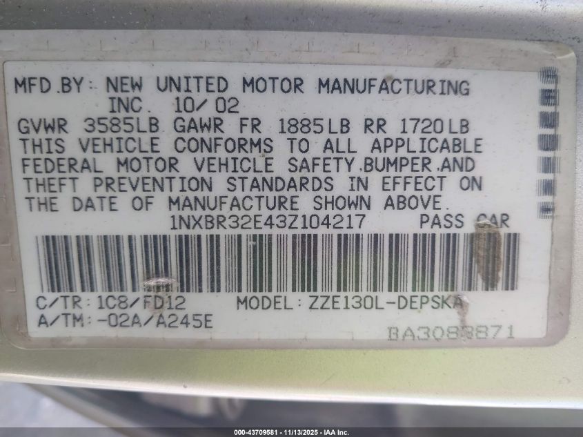 2003 Toyota Corolla S VIN: 1NXBR32E43Z104217 Lot: 43709581