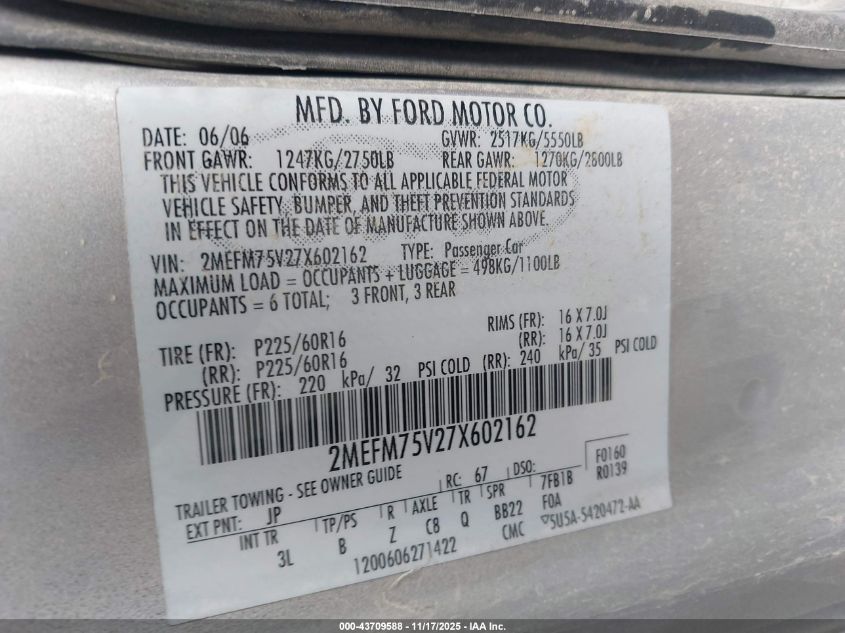 2007 Mercury Grand Marquis Ls VIN: 2MEFM75V27X602162 Lot: 43709588