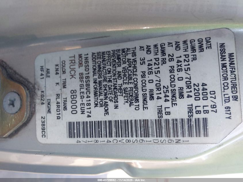 1997 Nissan 4X2 Truck Se/Xe VIN: 1N6SD16S8VC418174 Lot: 43709592