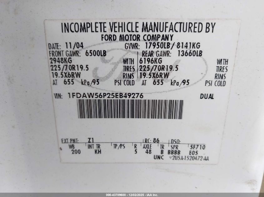 2005 Ford F-550 Lariat/Xl/Xlt VIN: 1FDAW56P25EB49276 Lot: 43709600