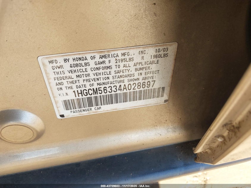 1HGCM56334A028697 2004 HONDA ACCORD photo no. 9