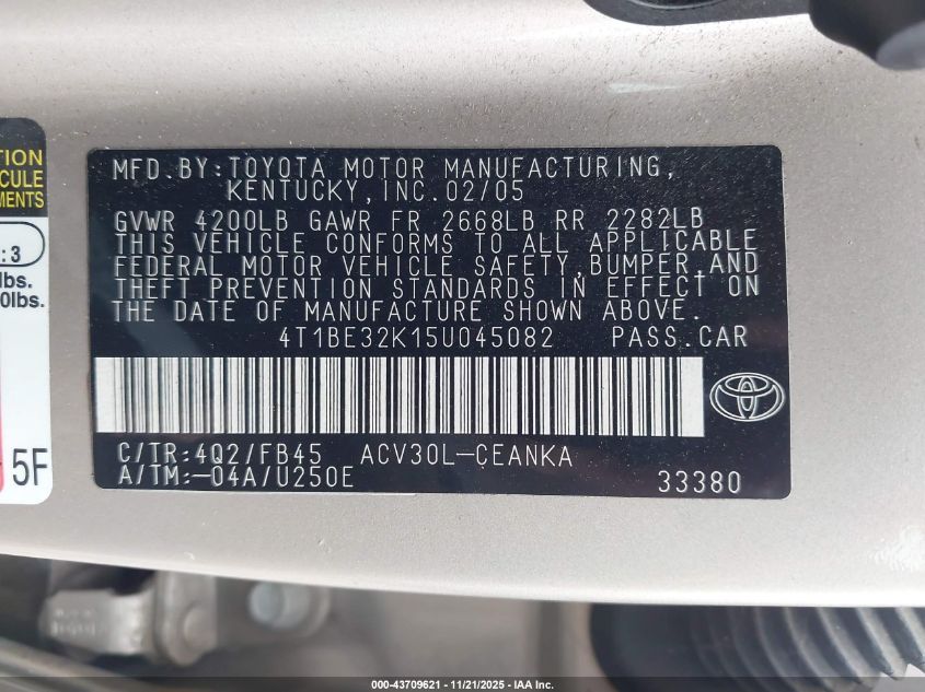 2005 Toyota Camry Le VIN: 4T1BE32K15U045082 Lot: 43709621