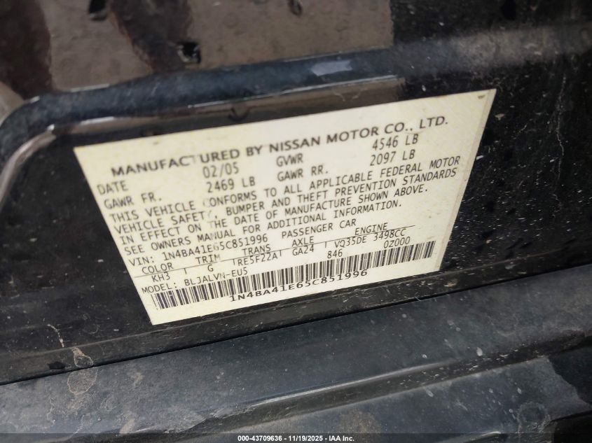 2005 Nissan Maxima 3.5 Se VIN: 1N4BA41E65C851996 Lot: 43709636