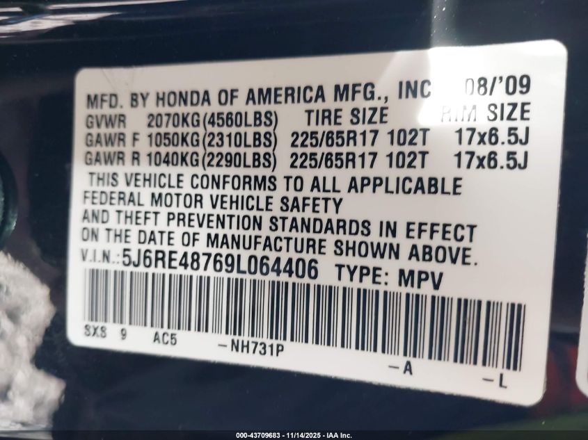 2009 Honda Cr-V Ex-L VIN: 5J6RE48769L064406 Lot: 43709683
