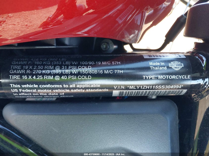 2025 Harley-Davidson Rh975 VIN: MLY1ZH115SS304994 Lot: 43709695