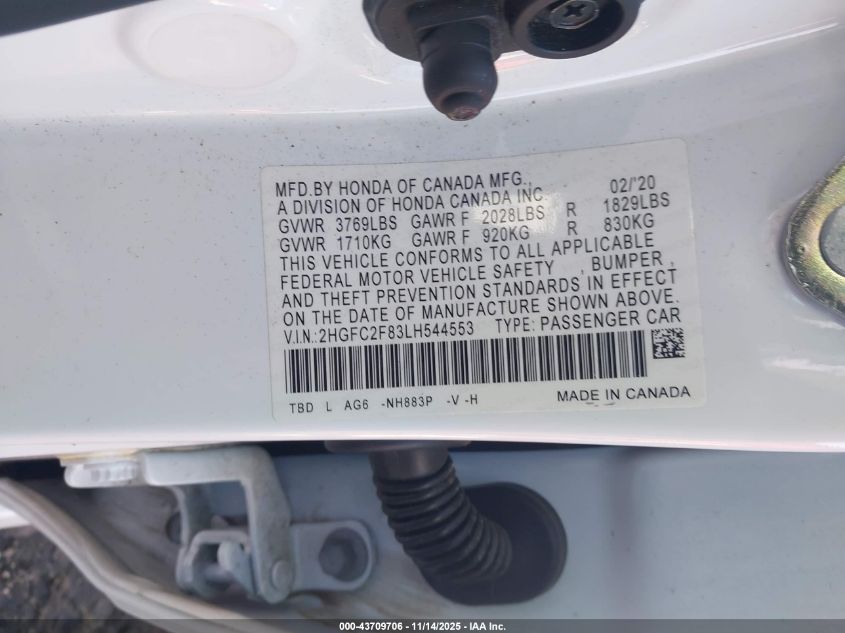 2020 Honda Civic VIN: 2HGFCSF83LH544553 Lot: 43709706