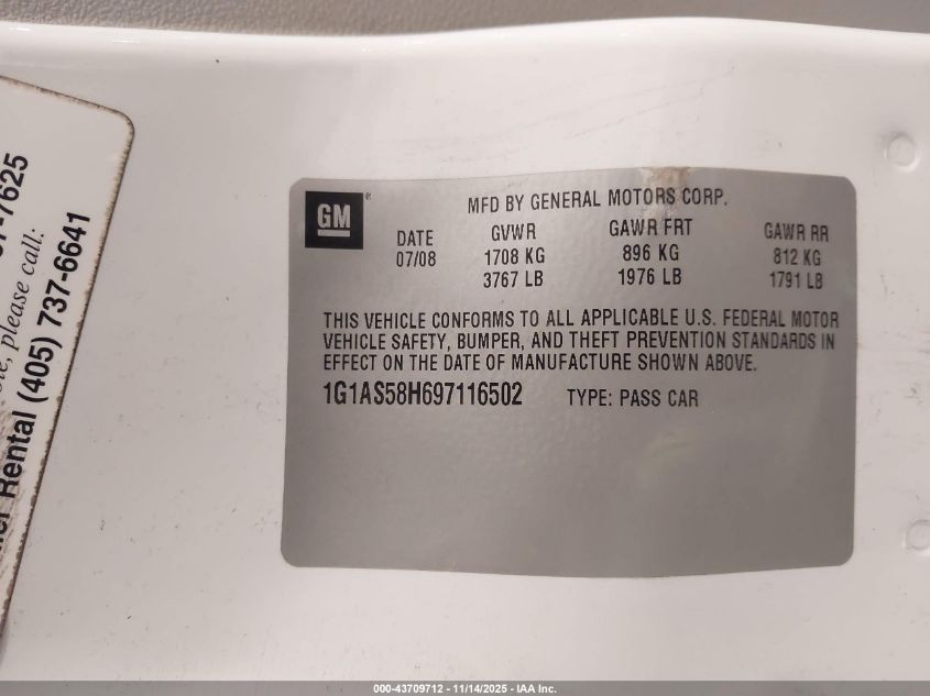 2009 Chevrolet Cobalt Ls VIN: 1G1AS58H697116502 Lot: 43709712