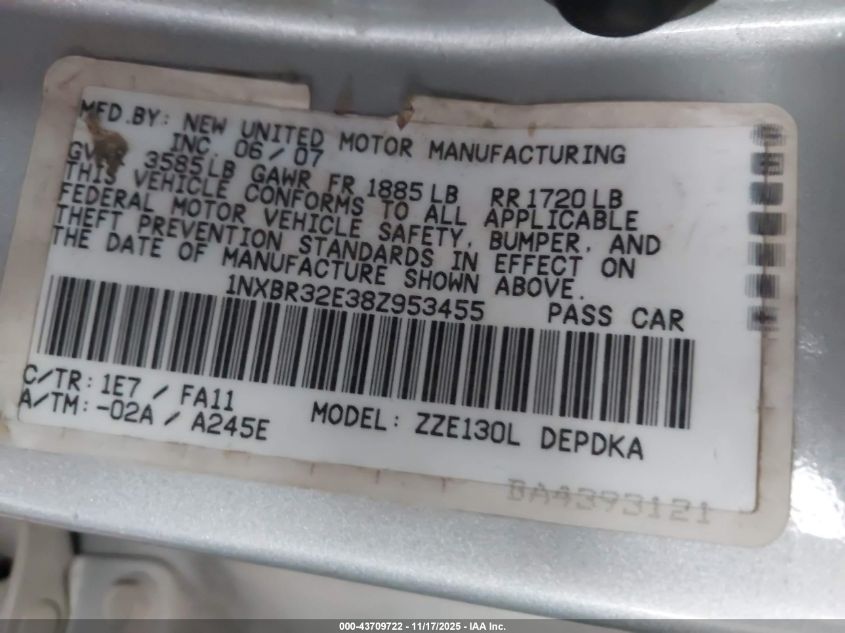 2008 Toyota Corolla Ce VIN: 1NXBR32E38Z953455 Lot: 43709722