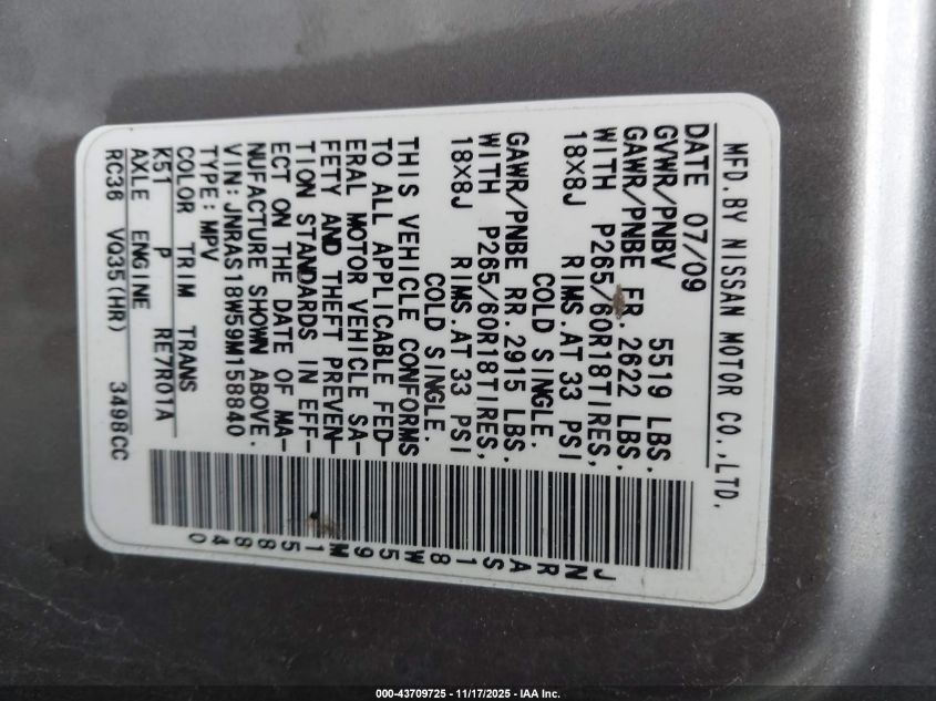 2009 Infiniti Fx35 VIN: JNRAS18W59M158840 Lot: 43709725