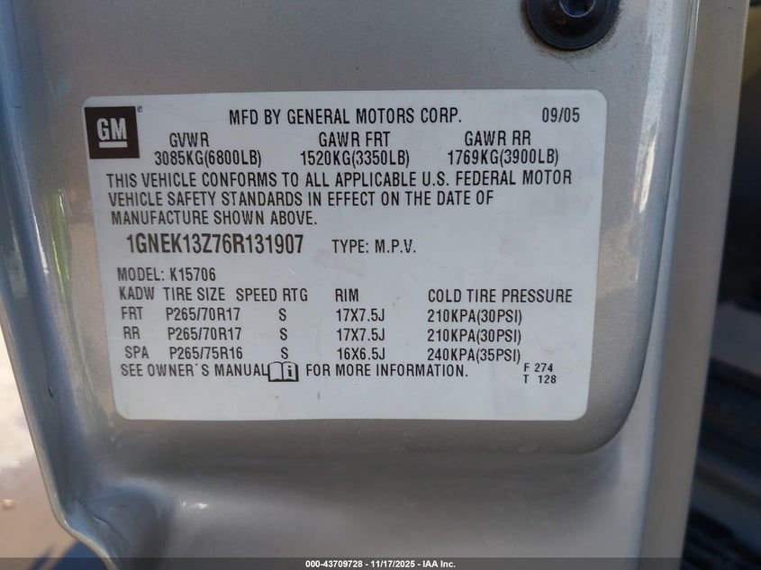 1GNEK13Z76R131907 2006 CHEVROLET TAHOE photo no. 9