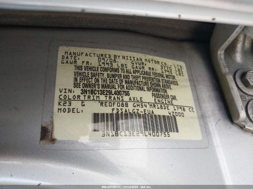 2009 Nissan Versa 1.8Sl VIN: 3N1BC13E29L400755 Lot: 43709731