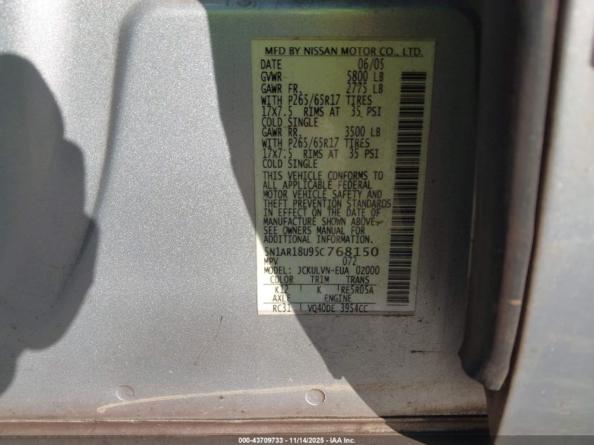 2005 Nissan Pathfinder Le VIN: 5N1AR18U95C768150 Lot: 43709733