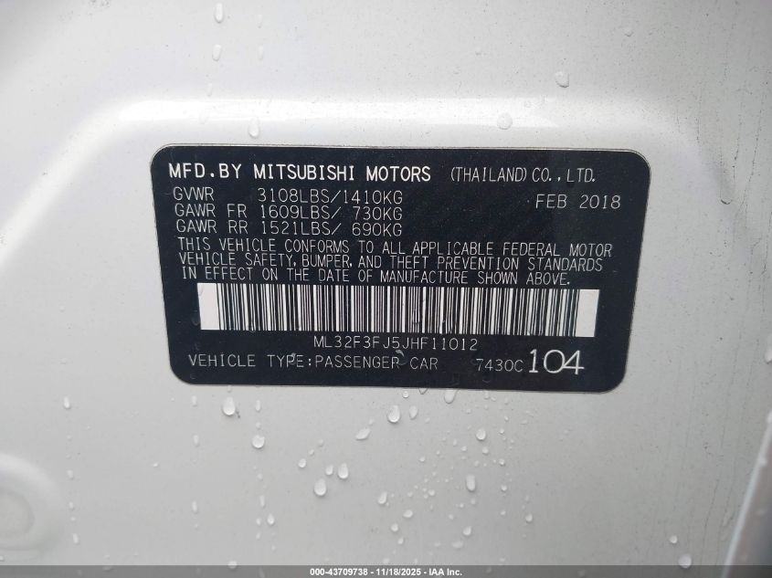 2018 Mitsubishi Mirage G4 Es VIN: ML32F3FJ5JHF11012 Lot: 43709738