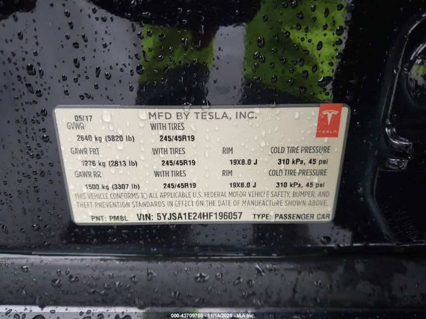 2017 Tesla Model S 100D/60D/75D/90D/P100D VIN: 5YJSA1E24HF196057 Lot: 43709750