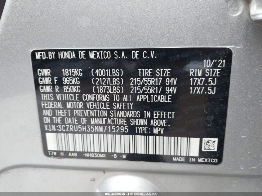 2022 Honda Hr-V 2Wd Lx VIN: 3CZRU5H35NM715295 Lot: 43709756