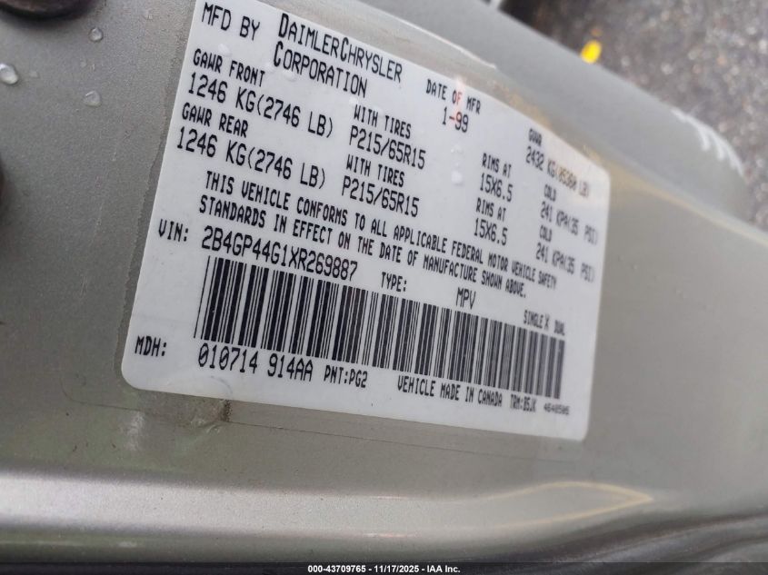 1999 Dodge Grand Caravan Se VIN: 2B4GP44G1XR269887 Lot: 43709765