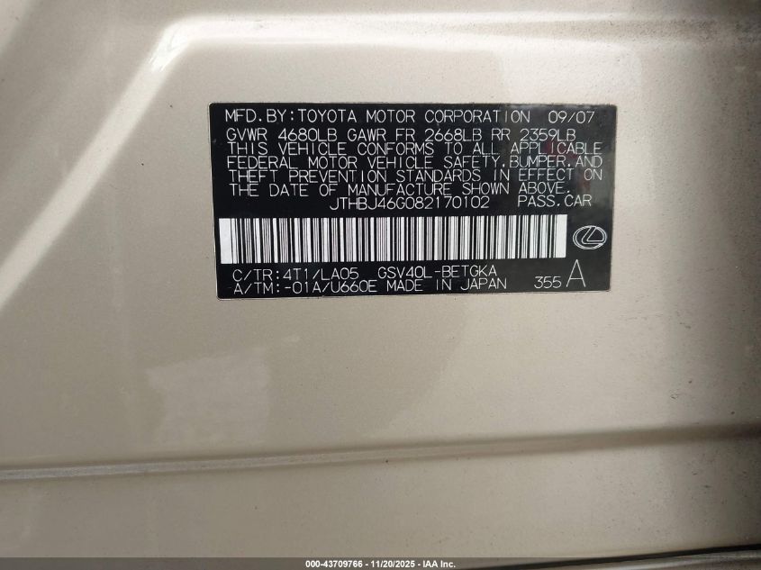 2008 Lexus Es 350 VIN: JTHBJ46G082170102 Lot: 43709766