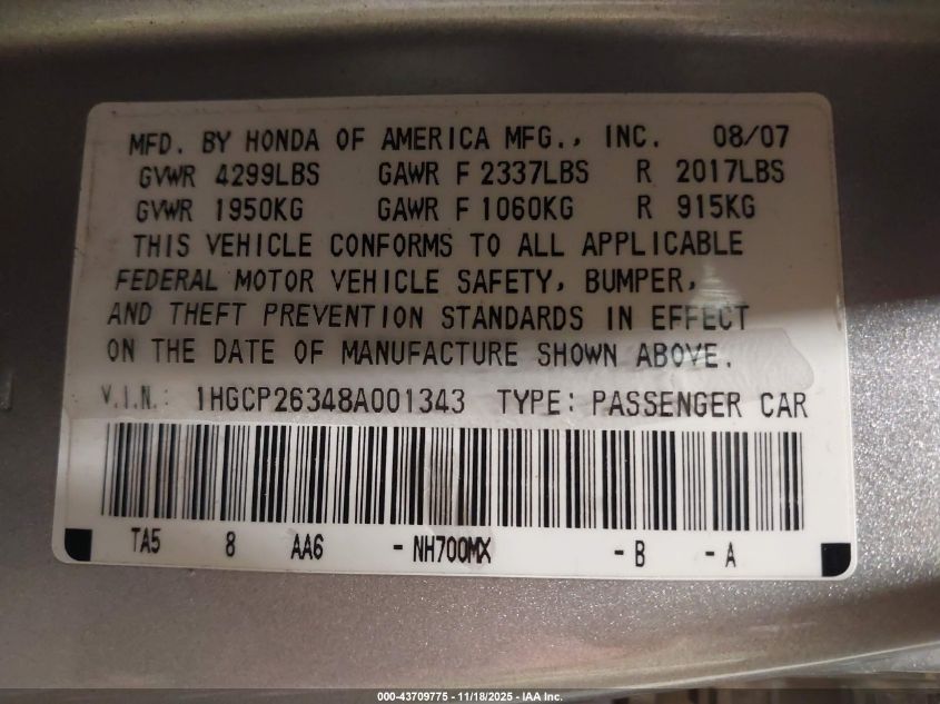 2008 Honda Accord 2.4 Lx VIN: 1HGCP26348A001343 Lot: 43709775